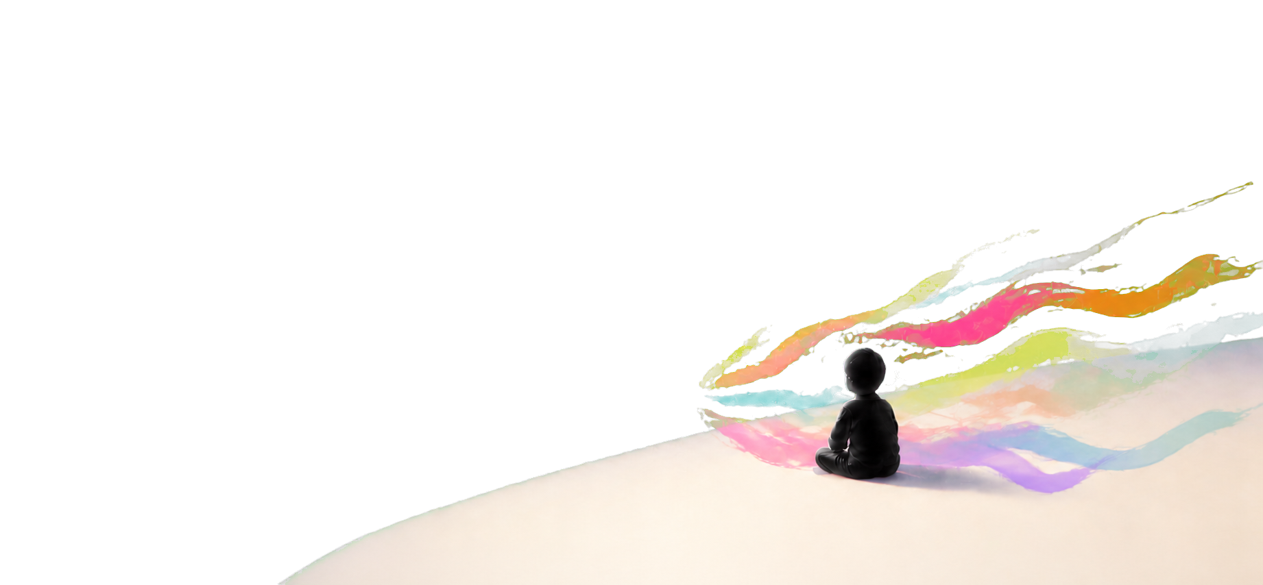 A seated child faces the vortex as painted ribbons flow across a luminous ground.